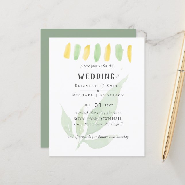 Faire-part de mariage d'aquarelle à feuilles moder (Devant/Arrière en situation)