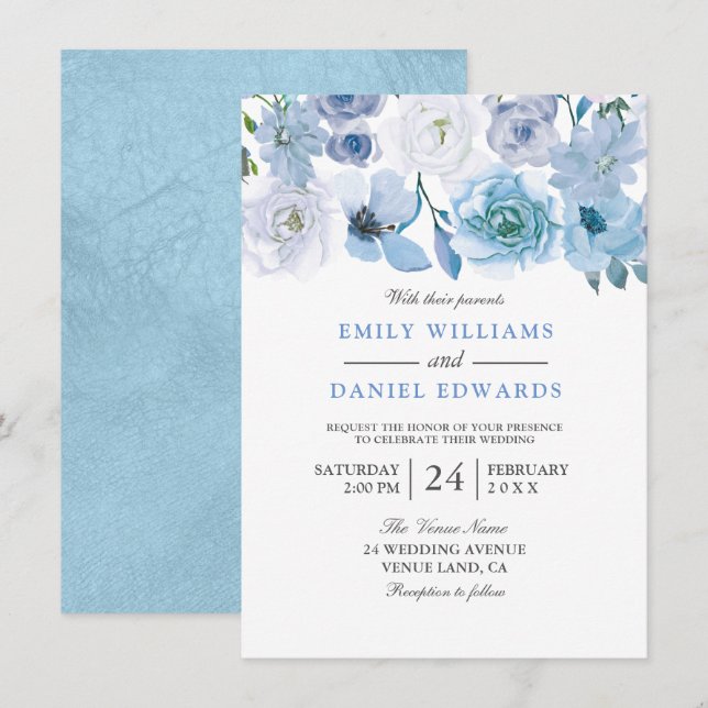 Faire-part de mariage d'aquarelle bleu (Devant / Derrière)