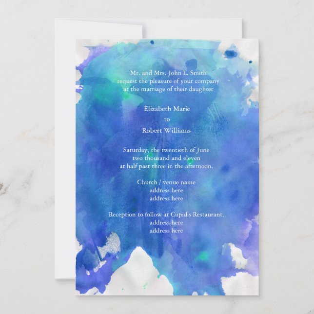 Faire-part de mariage d'aquarelle bleu (Devant)