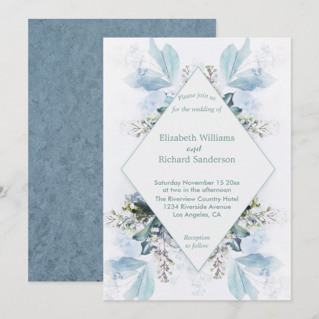 Faire-part de mariage d'aquarelle bleu-bleu-bleu (Devant / Derrière)