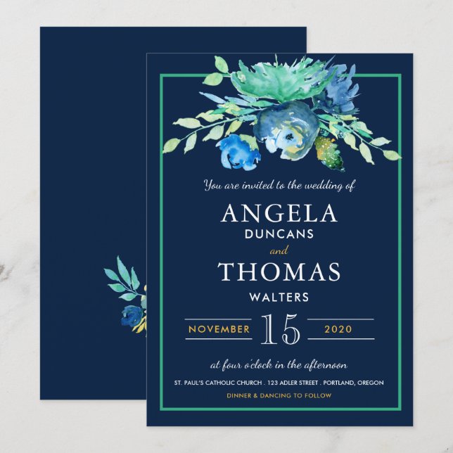 Faire-part de mariage d'aquarelle bleu marine (Devant / Derrière)