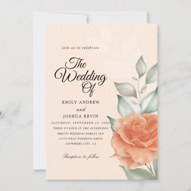 Faire-part de mariage d'aquarelle de pêche florale (Devant)