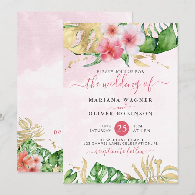 Faire-part de mariage d'aquarelle d'or floral trop (Devant / Derrière)