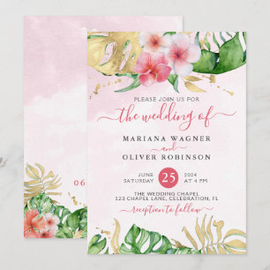 Faire-part de mariage d'aquarelle d'or floral trop