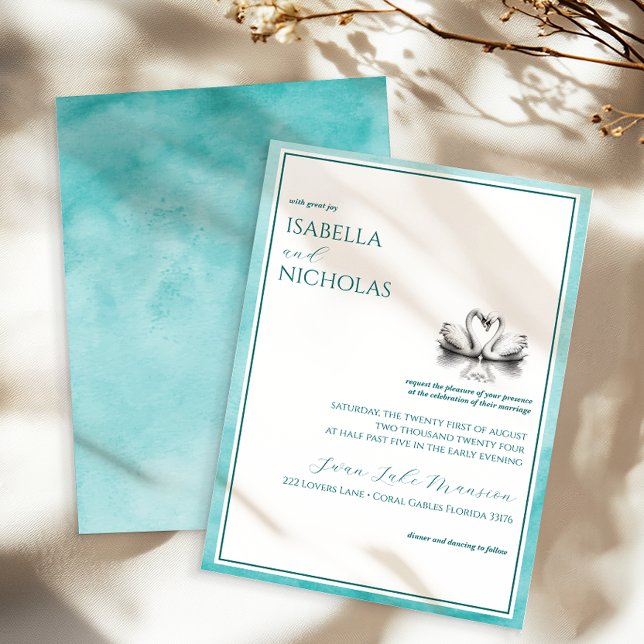 Faire-part de mariage d'aquarelle du lac Swan turq (Elegant Teal Wedding Invite)