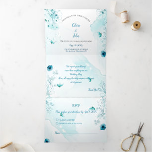 Faire-part de mariage d'aquarelle florale bleu per