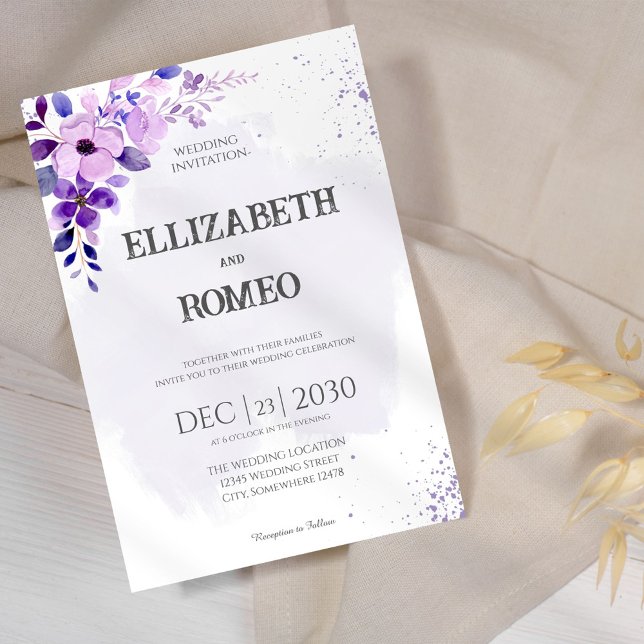 Faire-part de mariage d'aquarelle florale pourpre (Créateur téléchargé)