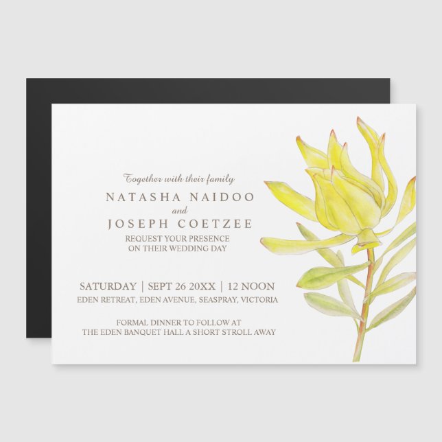 Faire-part de mariage d'aquarelle jaune leucadendr (Devant / Derrière)