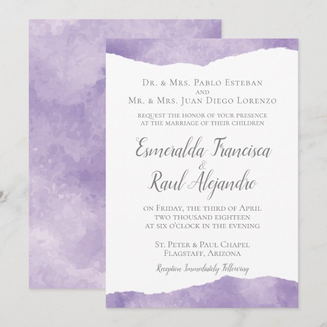 Faire-part de mariage d'aquarelle Lavande (Devant / Derrière)