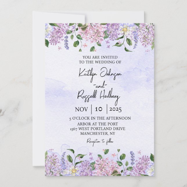 Faire-part de mariage d'aquarelle Lilac (Devant)