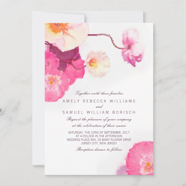 Faire-part de mariage d'aquarelle Pink Poppies (Devant)