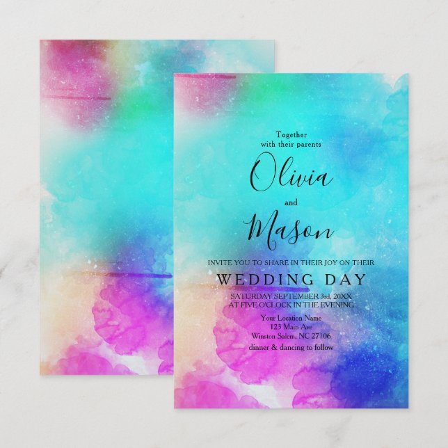 Faire-part de mariage d'aquarelle rose (Devant / Derrière)