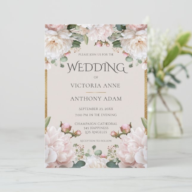 Faire-part de mariage d'aquarelle rose de pivoine (Debout devant)