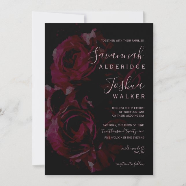 Faire-part de mariage d'aquarelle rose noire (Devant)