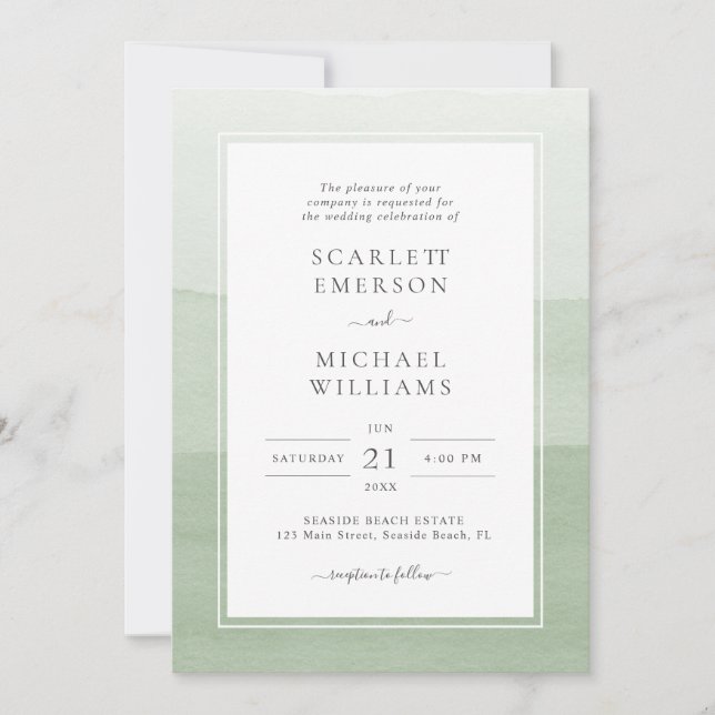 Faire-part de mariage d'aquarelle Sage moderne (Devant)