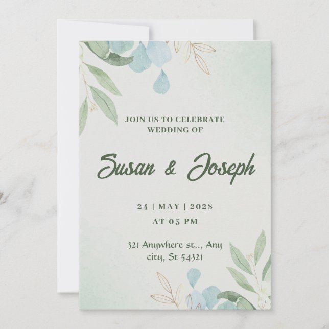 Faire-part de mariage d'aquarelle verte (Devant)