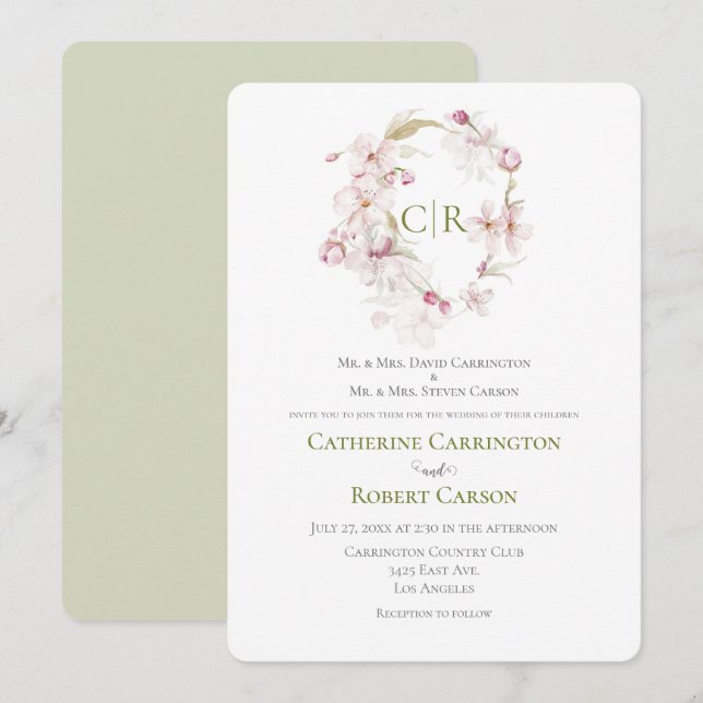 Faire-part de mariage d'aquarelle verte à script f (Devant / Derrière)
