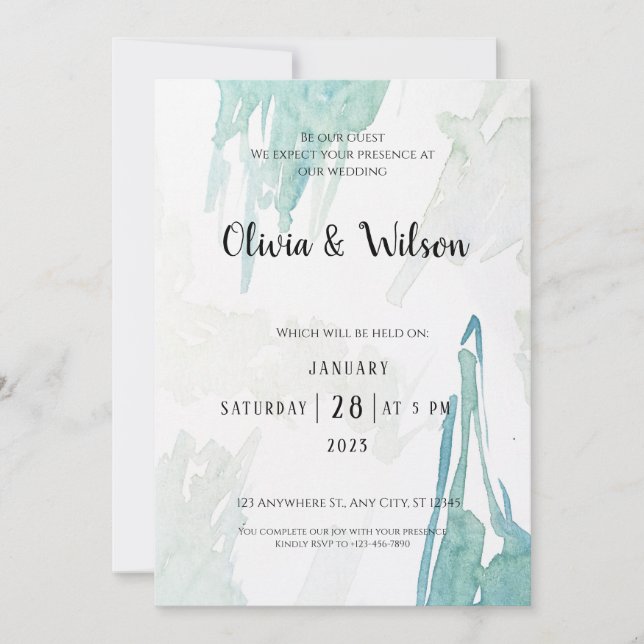 Faire-part de mariage d'aquarelle verte minimale (Devant)