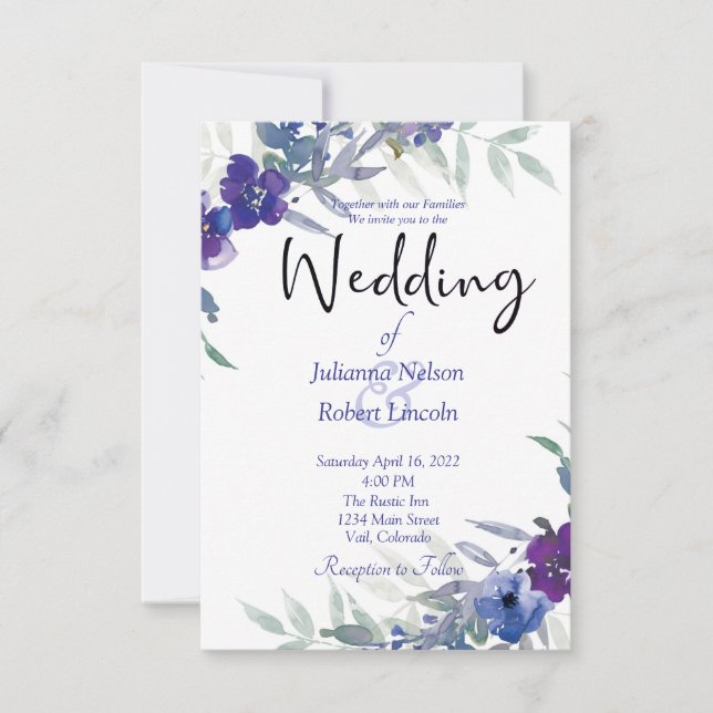 Faire-part de mariage d'aquarelle violet et bleu (Devant)