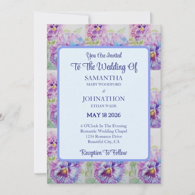 Faire-part de mariage d'aquarelle violet Pansy (Devant)