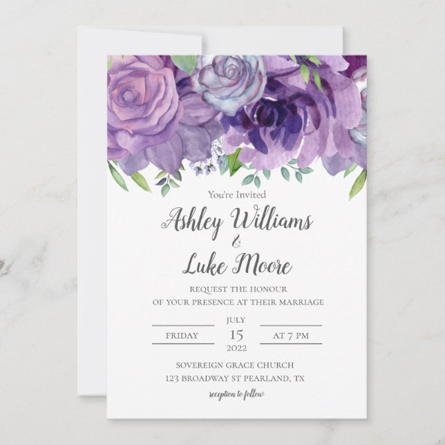 Faire-part de mariage d'aquarelle violette Lilac (Devant)