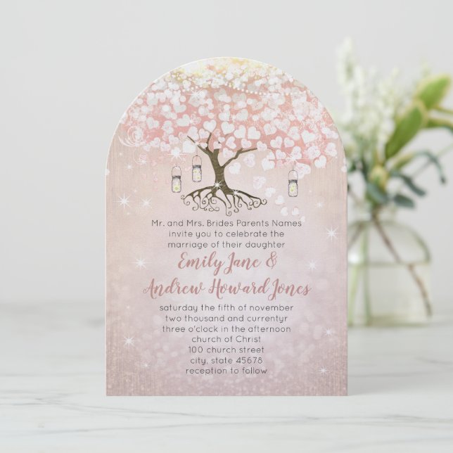 Faire-part de mariage d'arbre cardiaque rose et bl (Debout devant)