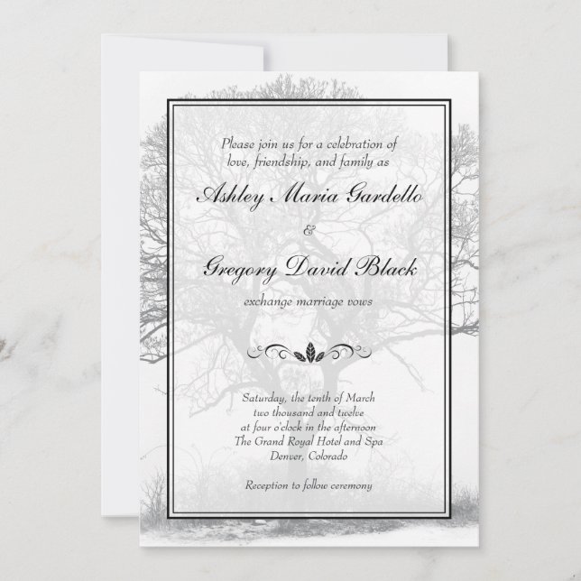 Faire-part de mariage d'arbre d'hiver noir et blan (Devant)