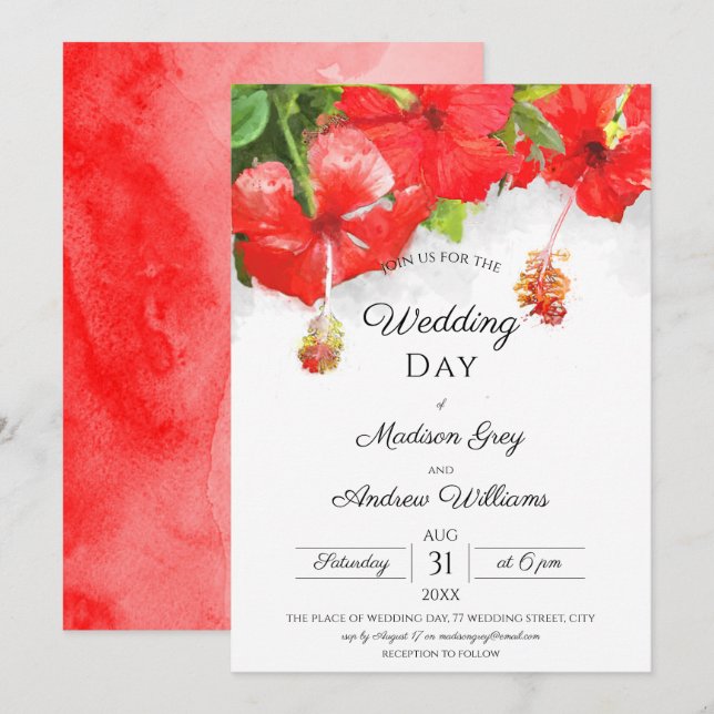 Faire-part de mariage d'art Exotique Rouge Hibiscu (Devant / Derrière)