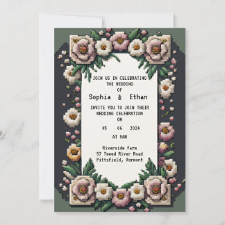 Faire-part de mariage d'art Pixel à fleurs