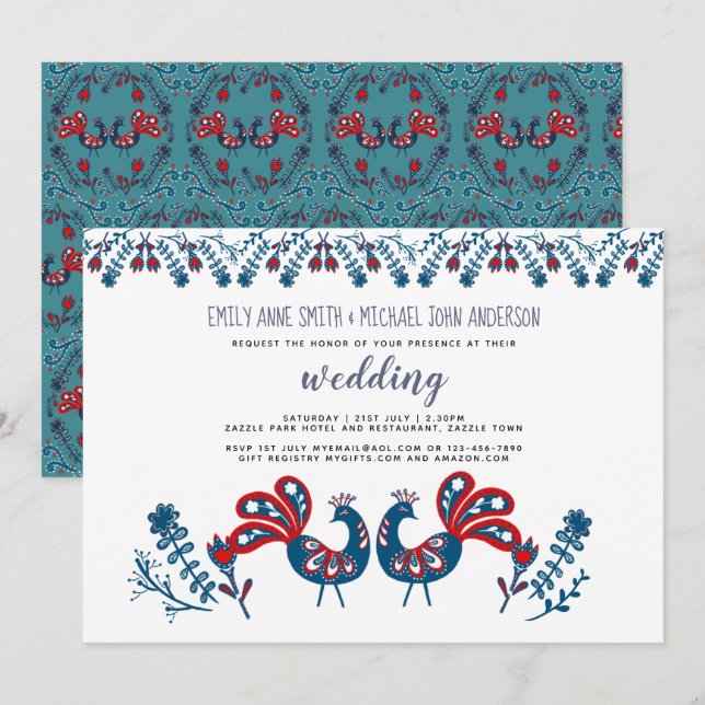 Faire-part de mariage d'art populaire scandinave O (Devant / Derrière)