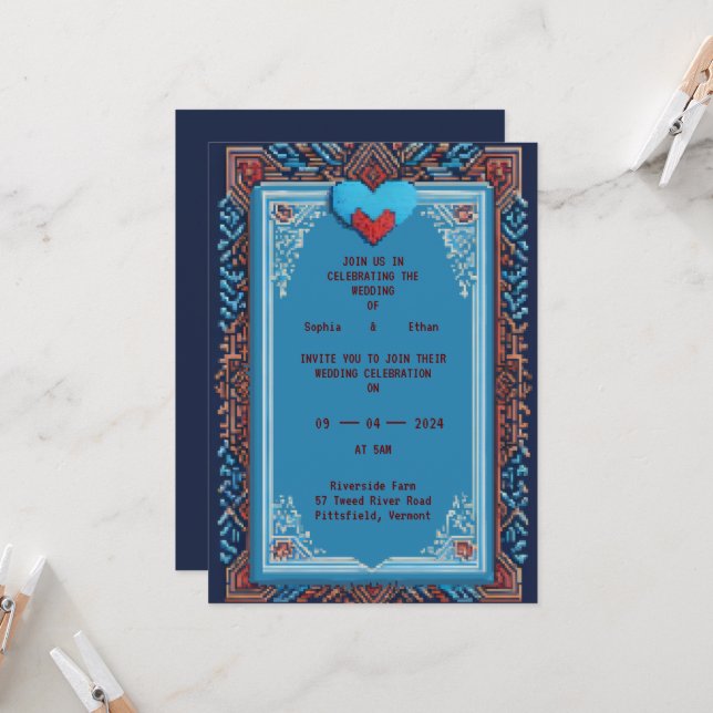 Faire-part de mariage d'art Royal Pixel (Devant/Arrière en situation)