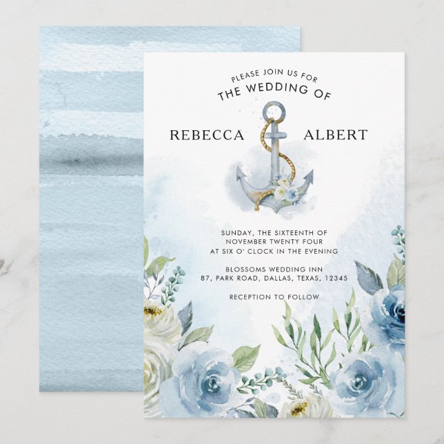Faire-part de mariage de Ancre aux fleurs bleues p (Devant / Derrière)
