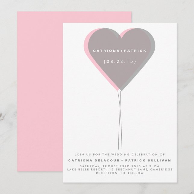 Faire-part de mariage de ballon rose et gris doubl (Devant / Derrière)