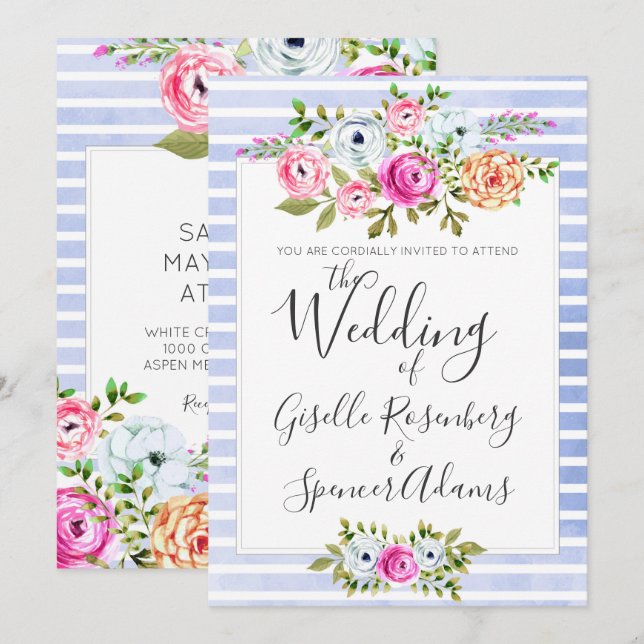 Faire-part de mariage de bande d'aquarelle florale (Devant / Derrière)