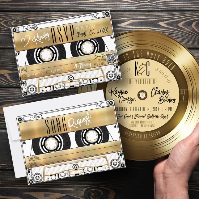 Faire-part de mariage de bande de cassette or rétr (Solid Gold vintage retro gold plaque cassette tape wedding invitation rsvp song card, vinyl record)