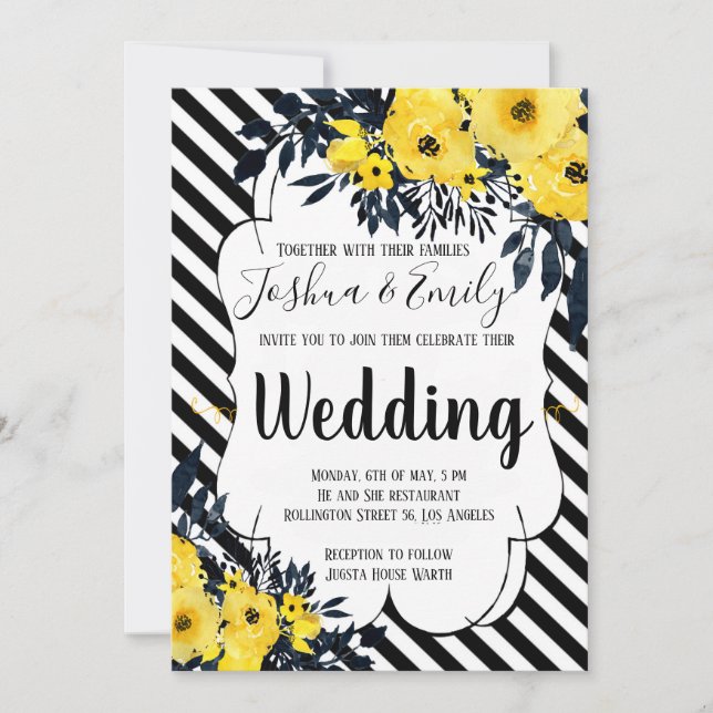 Faire-part de mariage de bandes noires florales ja (Devant)
