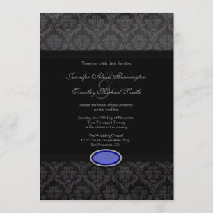 faire-part de mariage de bijoux bleu damassé noir 