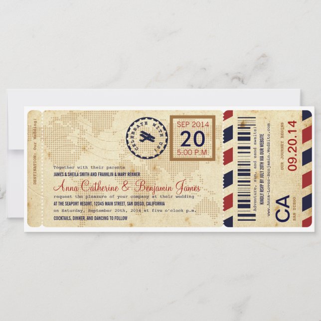 Faire-part de mariage de billet de la carte d'emba (Devant)