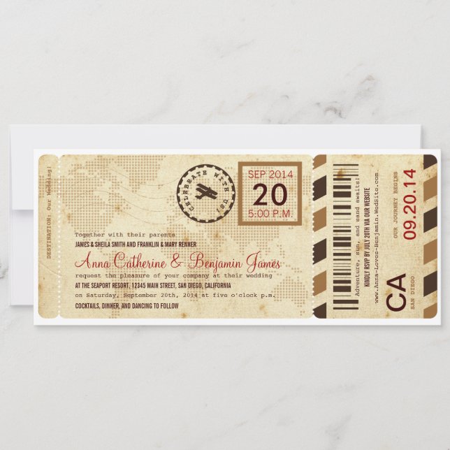 Faire-part de mariage de billets de la carte d'emb (Devant)