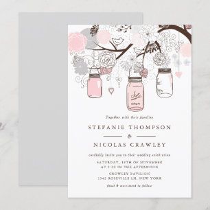 Faire-part de mariage de bocaux gris et roses de M