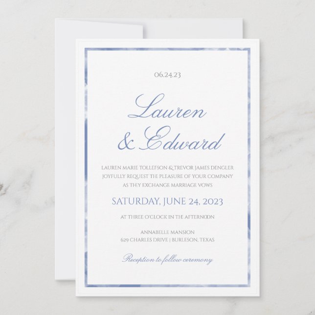 Faire-part de mariage de bordure en marbre - Bleu  (Devant)