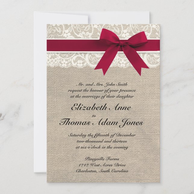 Faire-part de mariage de Burlap Red Ribbon de la d (Devant)