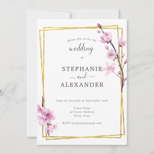 Faire-part de mariage de cadre cerise en fleurs et (Devant)