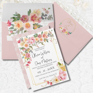 Faire-part de mariage de cadre doré rose printanie