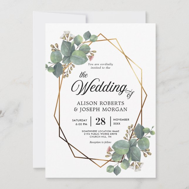 Faire-part de mariage de cadre géométrique Eucalyp (Devant)