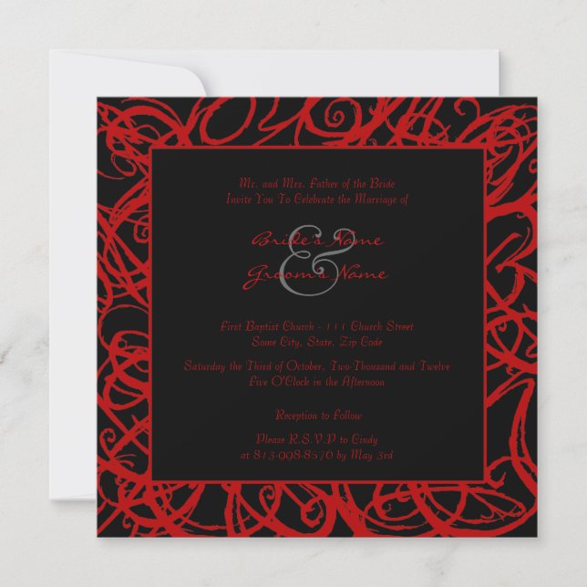 Faire-part de mariage de cadre rouge et noir (Devant)