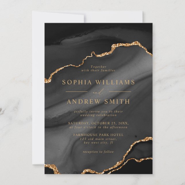 Faire-part de mariage de calligraphie noir et or (Devant)