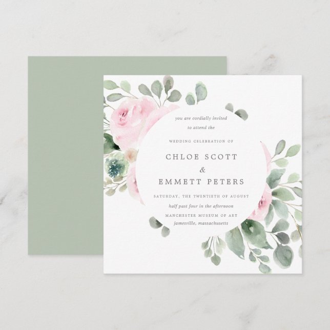 Faire-part de mariage de Carré végétal rose (Devant / Derrière)