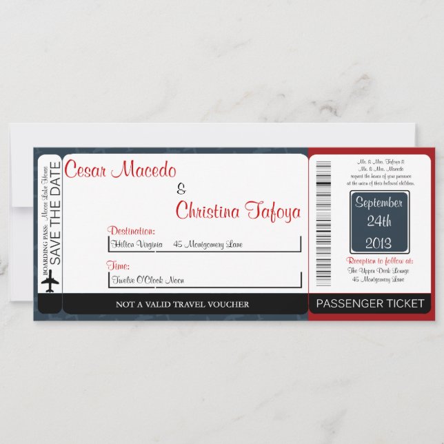 Faire-part de mariage de carte d'embarquement d'av (Devant)