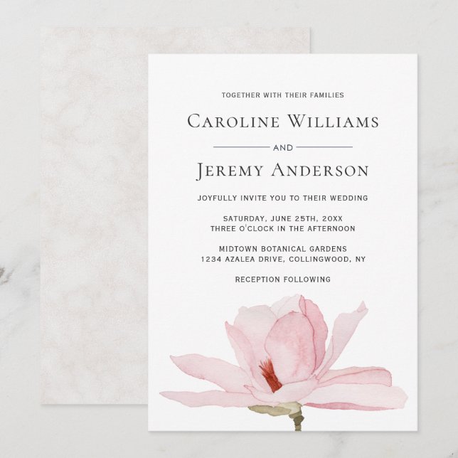 Faire-part de mariage de charme rose Magnolia (Devant / Derrière)